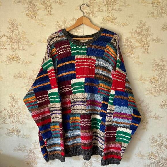 90s Patchwork J. Crew Wool Sweater Size XL - Picture 2 of 7